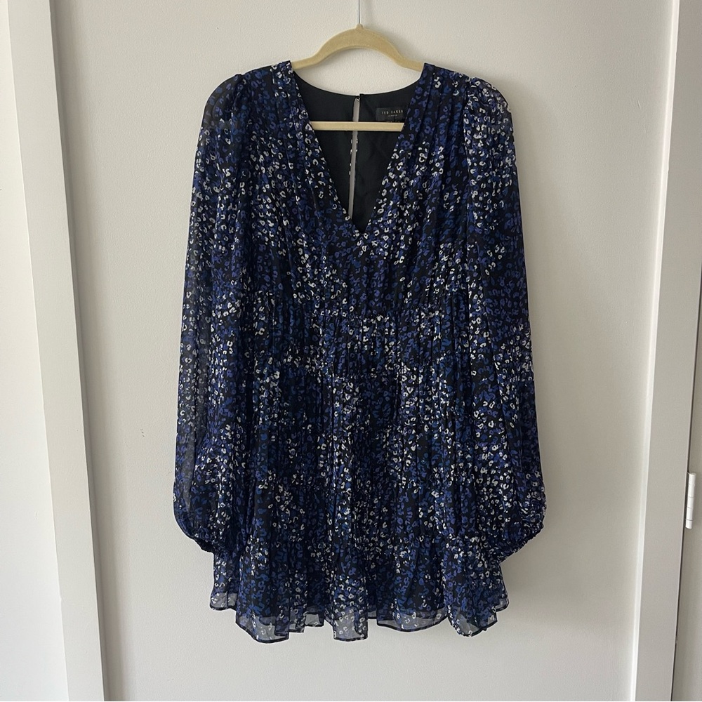 Ted Baker Black / Blue Leopard Animal Print Long Sleeve Dress 3 Medium